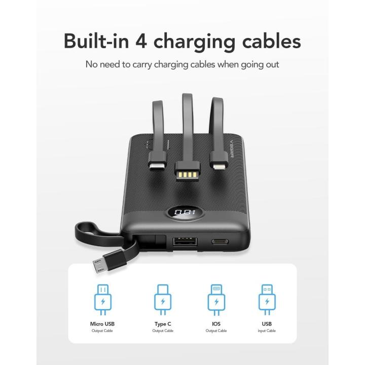 VEGER powerbank 10 000 mAh z wbudowanymi kablami Micro USB / Typ C / Lightning C10 (W1116) czarny