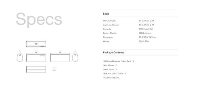 VEGER powerbank 5 000 mAh z wbudowanym złączem Lightning PD QC3.0 3A 20W PlugOn (W0556P) czarny