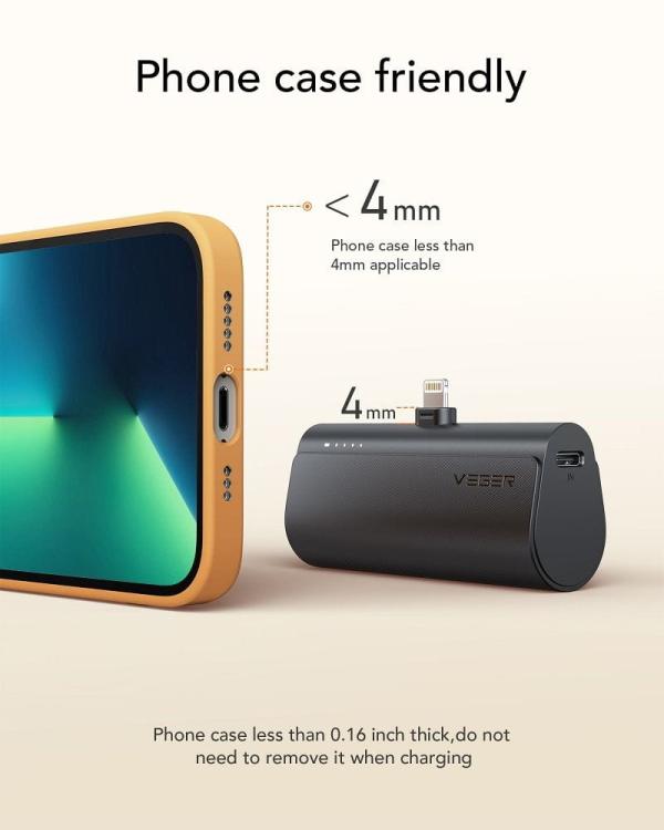VEGER powerbank 5 000 mAh z wbudowanym złączem Lightning PD QC3.0 3A 20W PlugOn (W0556P) czarny