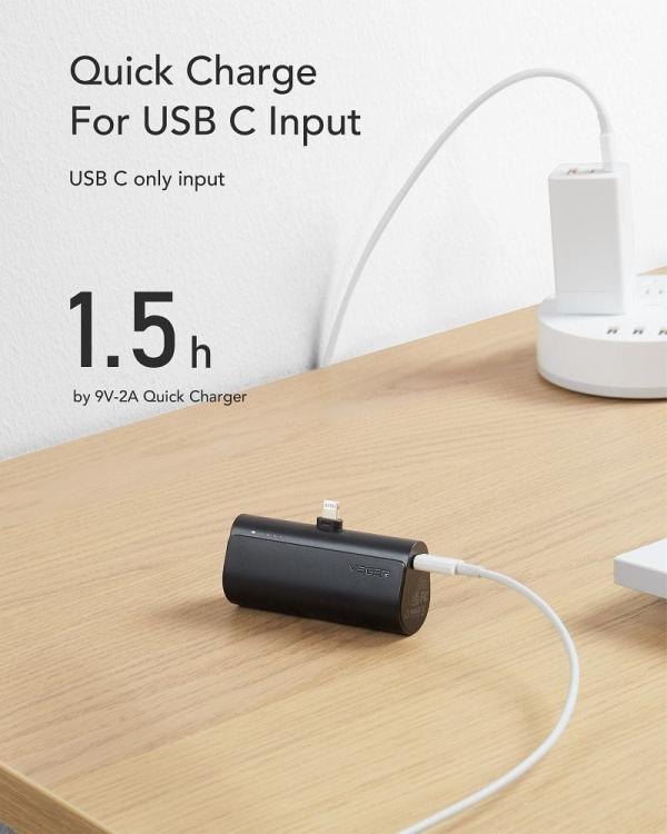 VEGER powerbank 5 000 mAh z wbudowanym złączem Lightning PD QC3.0 3A 20W PlugOn (W0556P) czarny