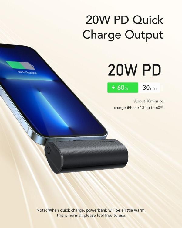 VEGER powerbank 5 000 mAh z wbudowanym złączem Lightning PD QC3.0 3A 20W PlugOn (W0556P) czarny