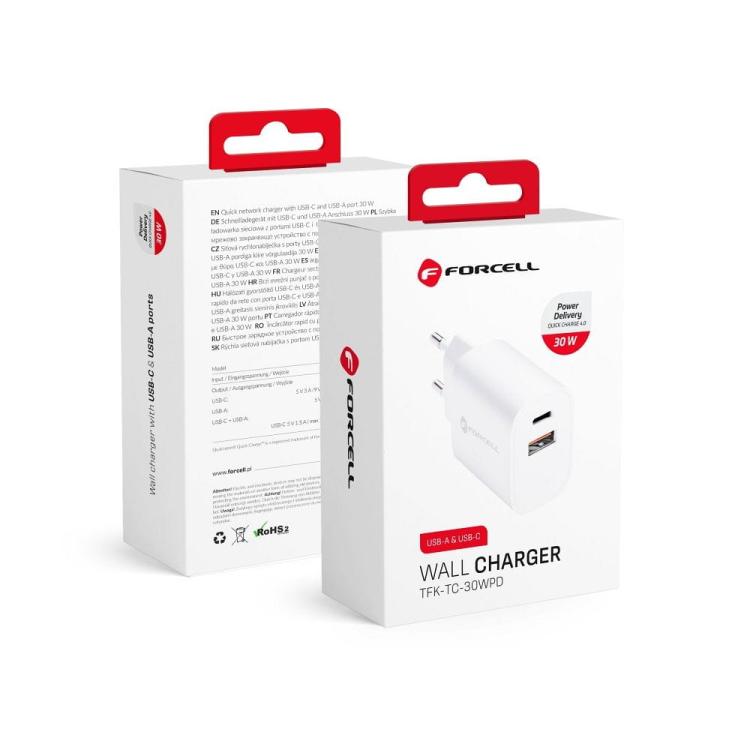 FORCELL F-ENERGY TFK-TC-30WPD ładowarka sieciowa Typ C + USB A PD QC4.0 3A 30W biała