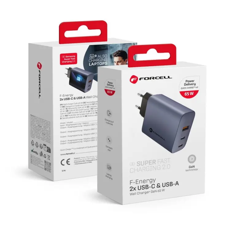 FORCELL F-ENERGY GaN VT-42B ładowarka sieciowa 2 x Typ C + USB A PD QC4.0 4A 65W szara