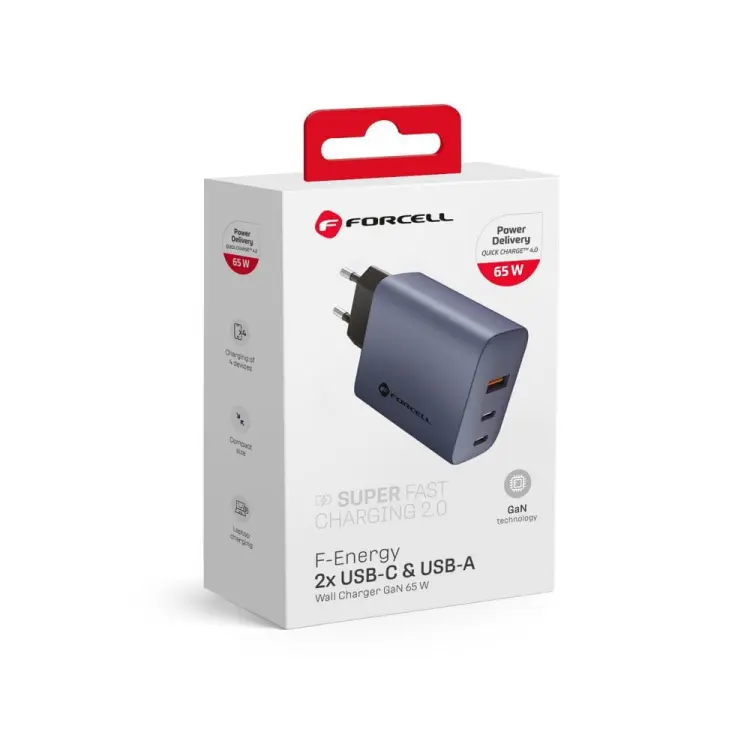 FORCELL F-ENERGY GaN VT-42B ładowarka sieciowa 2 x Typ C + USB A PD QC4.0 4A 65W szara