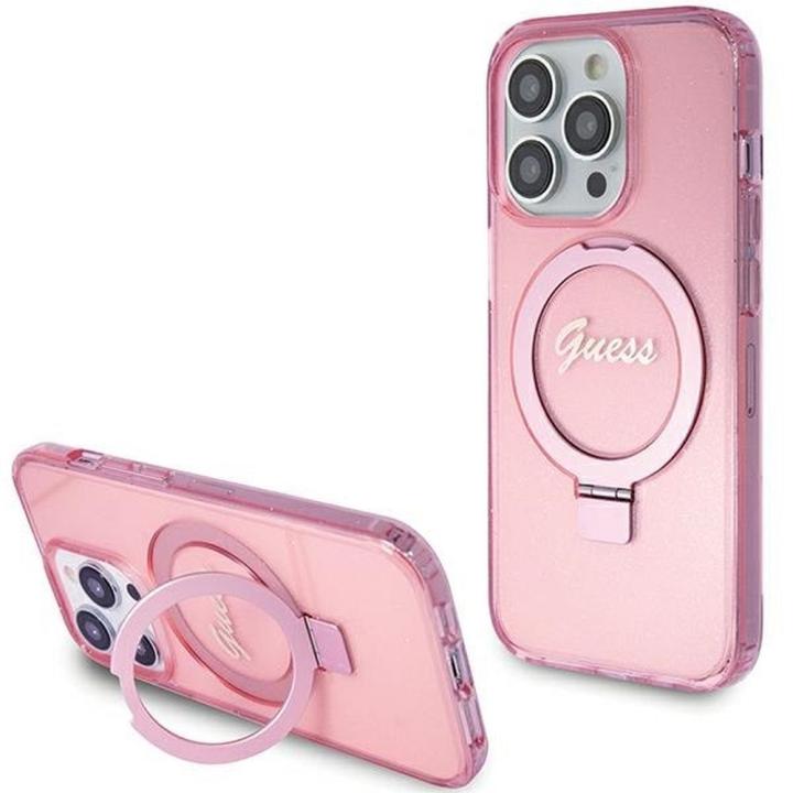 GUESS futerał do IPHONE 15 Pro kompatybilny z MagSafe GUHMP15LHRSGSP (Glitter Script Logo Ring stand) różowy