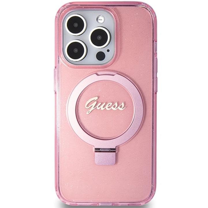GUESS futerał do IPHONE 15 Pro kompatybilny z MagSafe GUHMP15LHRSGSP (Glitter Script Logo Ring stand) różowy