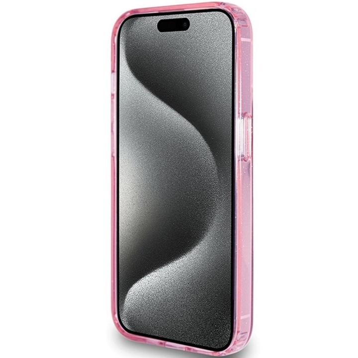GUESS futerał do IPHONE 15 Pro kompatybilny z MagSafe GUHMP15LHRSGSP (Glitter Script Logo Ring stand) różowy