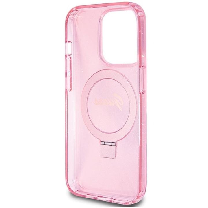 GUESS futerał do IPHONE 15 Pro kompatybilny z MagSafe GUHMP15LHRSGSP (Glitter Script Logo Ring stand) różowy