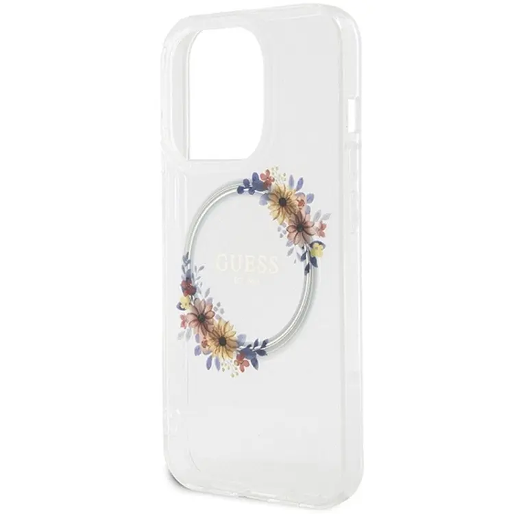 GUESS futerał do IPHONE 15 Pro kompatybilny z MagSafe GUHMP15LHFWFCT (Flowers Wreath) transparentny