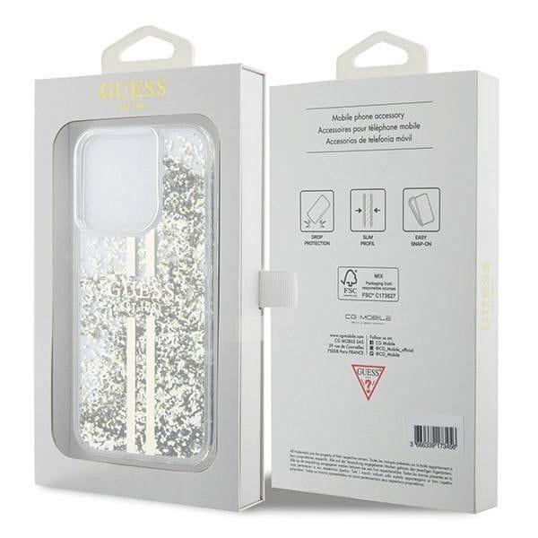 GUESS futerał do IPHONE 15 Pro GUHCP15LLFCSEGT (Liquid Glitter Gold Stripes) transparentny