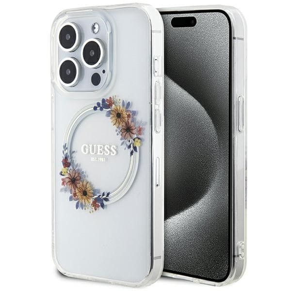 GUESS futerał do IPHONE 15 Pro Max kompatybilny z MagSafe GUHMP15XHFWFCT (Flowers Wreath) transparentny