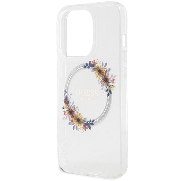 GUESS futerał do IPHONE 15 Pro Max kompatybilny z MagSafe GUHMP15XHFWFCT (Flowers Wreath) transparentny
