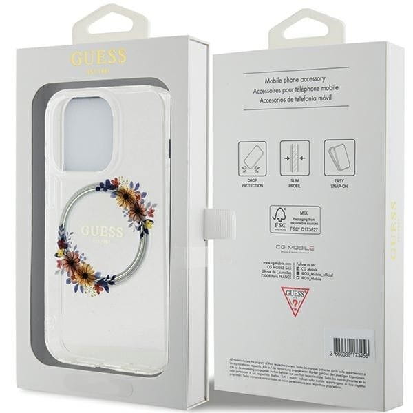 GUESS futerał do IPHONE 15 Pro Max kompatybilny z MagSafe GUHMP15XHFWFCT (Flowers Wreath) transparentny