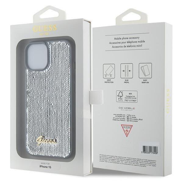 GUESS futerał do IPHONE 13 / 14 / 15 GUHCP15SPSFDGSS (Sequin Script Metal) srebrny