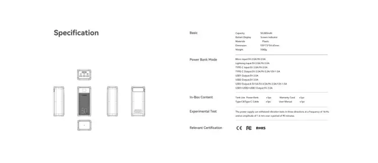 VEGER powerbank 50 000 mAh PD QC3.0 5A 22,5W Tank Lite (W5001) czarny