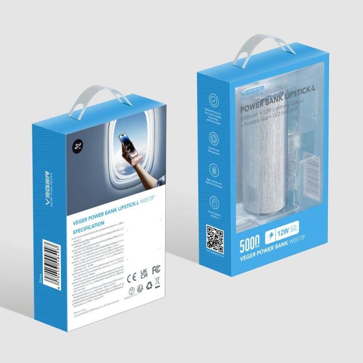 VEGER powerbank 5 000 mAh z wbudowanym złączem Typ C PD QC3.0 2,4A 12W PlugOn (W0573) srebrny