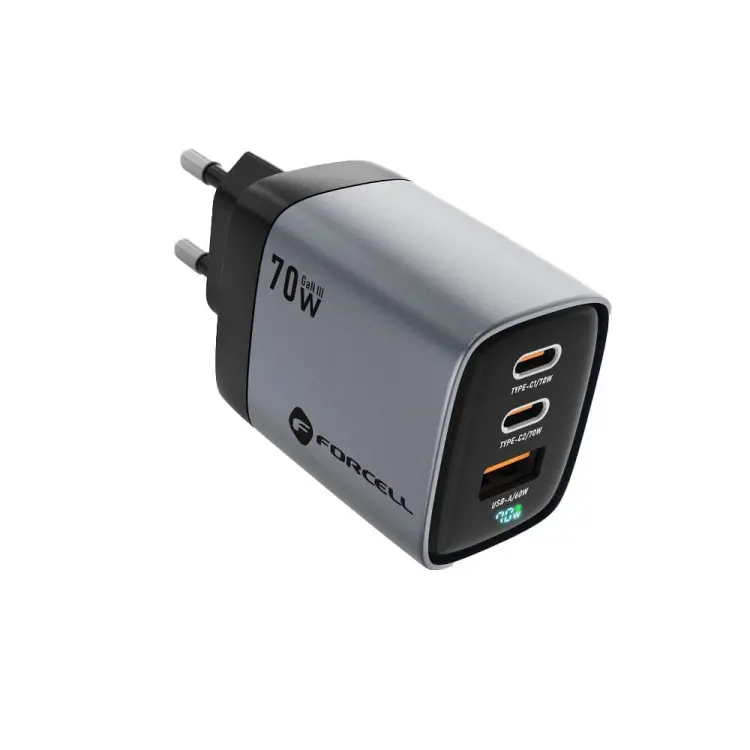 FORCELL F-ENERGY GaN III VT-37 ładowarka sieciowa z wyświetlaczem LCD 2 x Typ C + USB A PD QC4.0 SAM SFC2.0 3,45A 70W szara