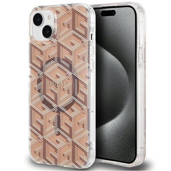 GUESS futerał do IPHONE 15 kompatybilny z MagSafe GUHMP15SHGCUSTGW (IML GCUBE) brązowy
