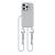 Szare etui z białym sznurkiem crossbody. Wbudowany pierścień magnetyczny MagSafe idealny do mocowania akcesoriów. Wygodny sznurek pozwala na noszenie iPhone 16 Pro Max, chroniąc go przed upadkami.