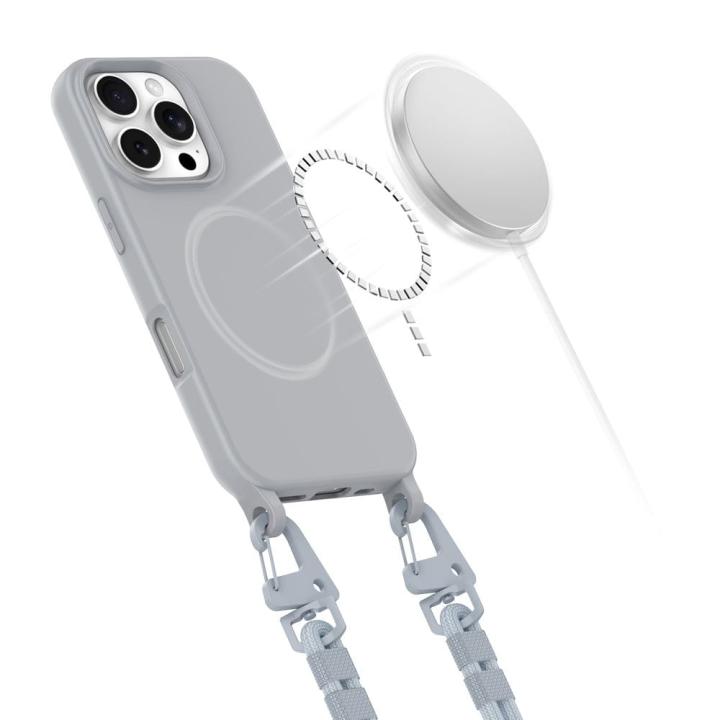 Etui Magsafe z paskiem do telefonu iPhone 16 Pro Max. Szare, silikonowe etui z uchwytami na smycz. Zapewnia wygodę noszenia, pełną ochronę i kompatybilność z akcesoriami Magsafe.