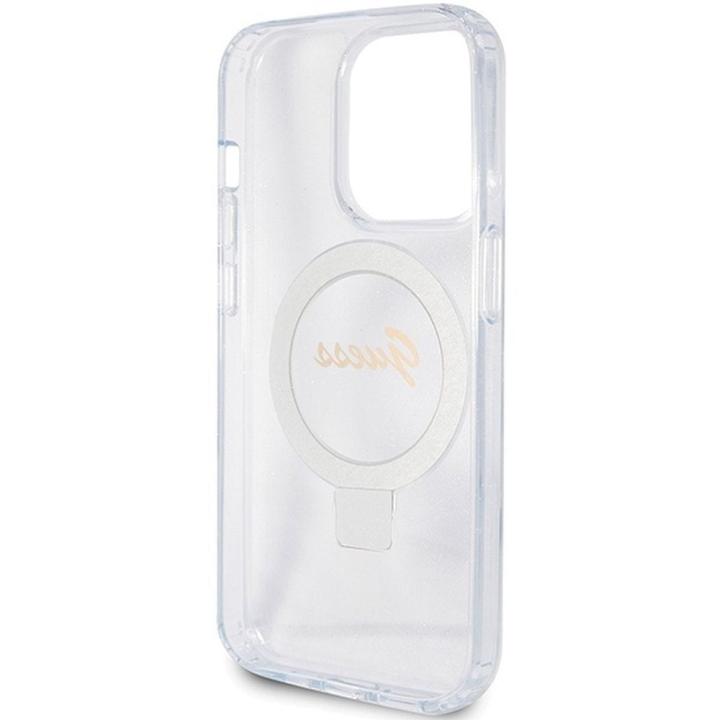 GUESS futerał do IPHONE 15 Pro kompatybilny z MagSafe GUHMP15LHRSGSD (Glitter Script Logo Ring stand) transparentny