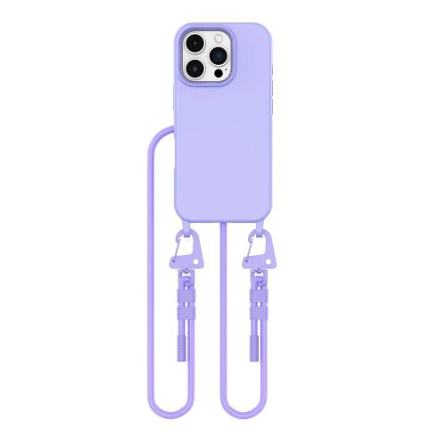 Modne, lawendowe etui na iPhone 16 Pro z wytrzymałym sznurkiem do noszenia na szyi lub przez ramię. Gwarantuje wygodę i bezpieczeństwo.