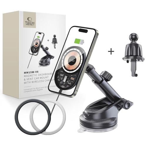 TECH-PROTECT MM15W-V6 MAGNETIC MAGSAFE DASHBOARD &amp; VENT CAR MOUNT WIRELESS CHARGER 15W BLACK