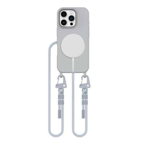 Wygodne, szare etui na iPhone 16 Pro z wytrzymałym sznurkiem do noszenia na szyi lub przez ramię. Wbudowany pierścień MagSafe zapewnia bezpieczne mocowanie akcesoriów. Idealne dla ceniących swobodę.