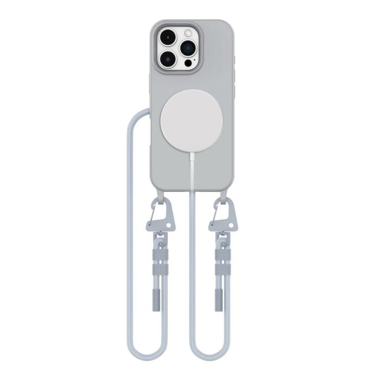 Wygodne, szare etui na iPhone 16 Pro z wytrzymałym sznurkiem do noszenia na szyi lub przez ramię. Wbudowany pierścień MagSafe zapewnia bezpieczne mocowanie akcesoriów. Idealne dla ceniących swobodę.