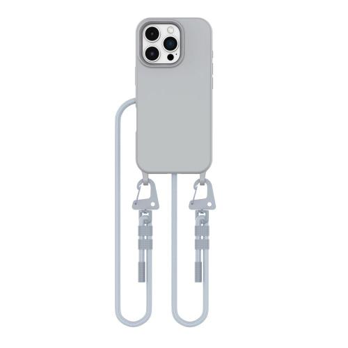 Szare etui z białym sznurkiem crossbody. Wbudowany pierścień magnetyczny MagSafe idealny do mocowania akcesoriów. Wygodny sznurek pozwala na noszenie iPhone 16 Pro, chroniąc go przed upadkami