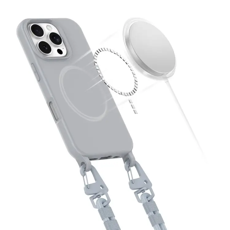 Etui Magsafe z paskiem do telefonu iPhone 16 Pro. Szare, silikonowe etui z uchwytami na smycz. Zapewnia wygodę noszenia, pełną ochronę i kompatybilność z akcesoriami Magsafe.