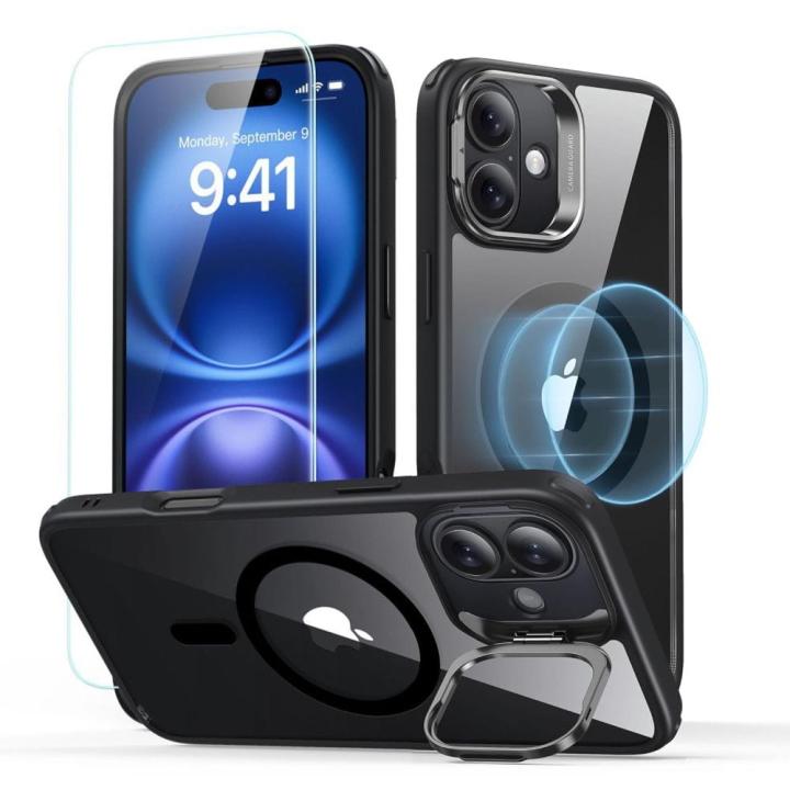 ESR CLASSIC HYBRID KICKSTAND HALOLOCK MAGSAFE &amp; TEMPERED GLASS IPHONE 16 CLEAR/BLACK