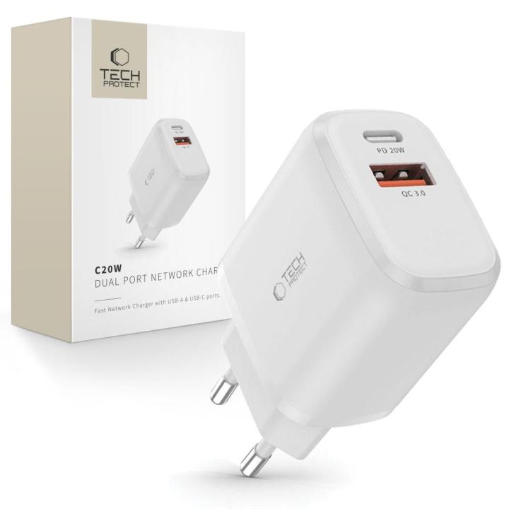 TECH-PROTECT C20W 2-PORT NETWORK CHARGER PD20W/QC3.0 WHITE