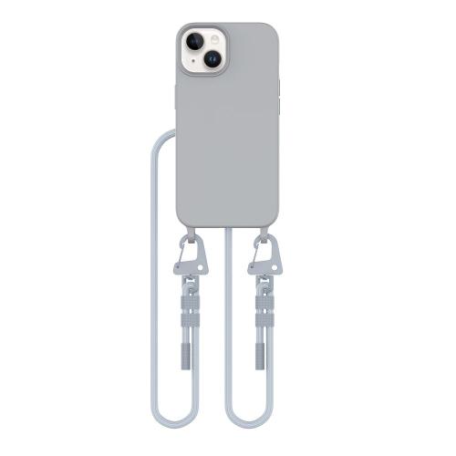 Szare etui z białym sznurkiem crossbody. Wbudowany pierścień magnetyczny MagSafe idealny do mocowania akcesoriów. Wygodny sznurek pozwala na noszenie telefonu iPhone 15, chroniąc go przed upadkami.