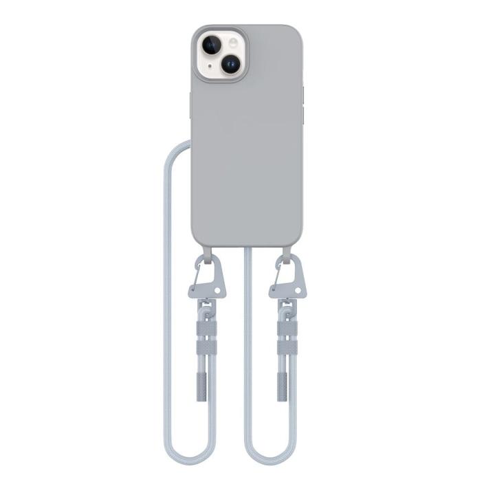 Szare etui z białym sznurkiem crossbody. Wbudowany pierścień magnetyczny MagSafe idealny do mocowania akcesoriów. Wygodny sznurek pozwala na noszenie telefonu iPhone 15, chroniąc go przed upadkami.