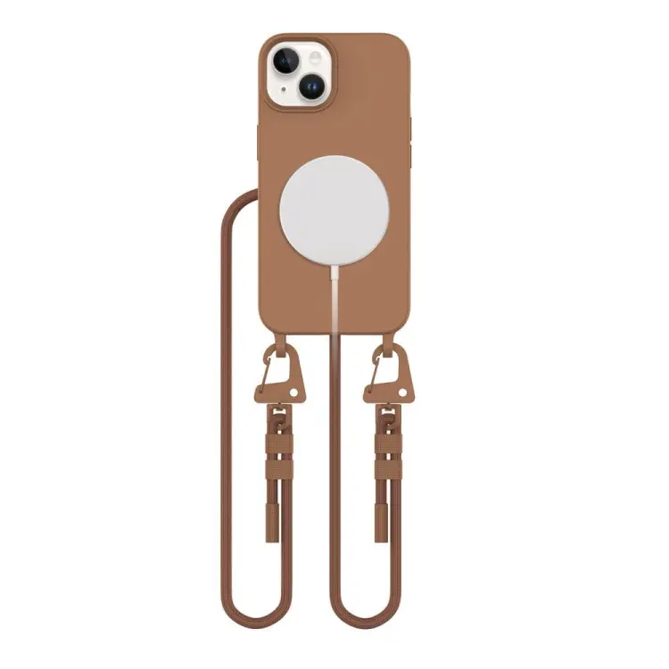 Wygodne, beżowe etui na telefon z wytrzymałym sznurkiem do noszenia na szyi lub przez ramię. Wbudowany pierścień MagSafe zapewnia bezpieczne mocowanie akcesoriów. Idealne dla ceniących swobodę.