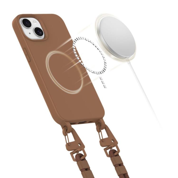 Brązowe etui z beżowym sznurkiem crossbody. Wbudowany pierścień magnetyczny MagSafe idealny do mocowania akcesoriów. Wygodny sznurek pozwala na noszenie telefonu na szyi lub przez ramię, chroniąc go przed upadkami.