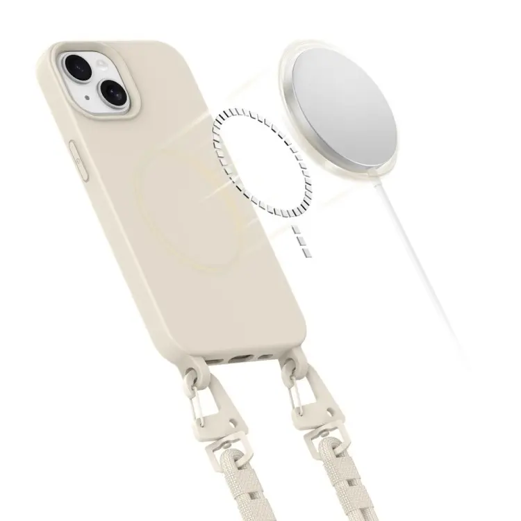 Etui Tech-Protect Magnecklace MagSafe na iPhone 14. Prezentacja funkcji MagSafe z widocznym akcesorium.