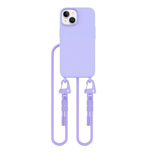 Modne, lawendowe etui na iPhone 13 z wytrzymałym sznurkiem do noszenia na szyi lub przez ramię. Gwarantuje wygodę i bezpieczeństwo.