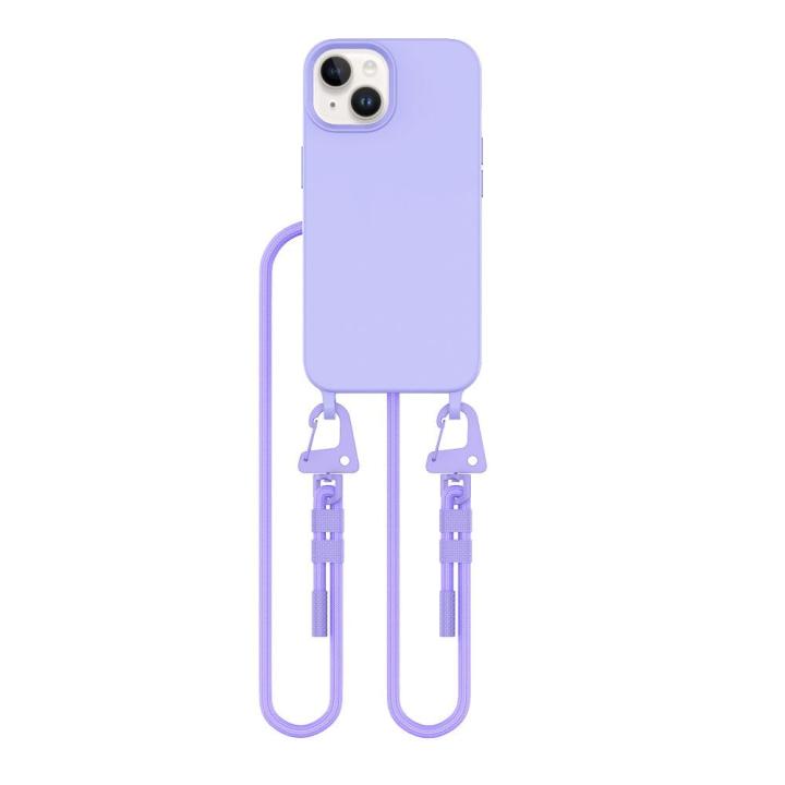 Modne, lawendowe etui na iPhone 13 z wytrzymałym sznurkiem do noszenia na szyi lub przez ramię. Gwarantuje wygodę i bezpieczeństwo.