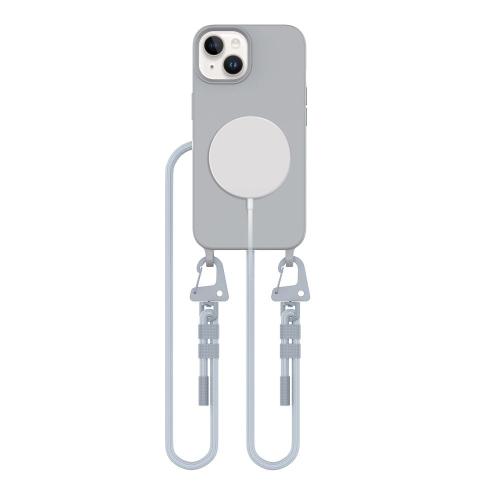 Wygodne, szare etui na iPhone 13 z wytrzymałym sznurkiem do noszenia na szyi lub przez ramię. Wbudowany pierścień MagSafe zapewnia bezpieczne mocowanie akcesoriów. Idealne dla ceniących swobodę.