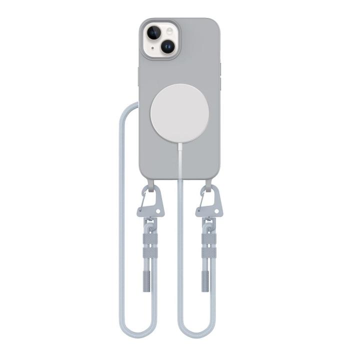 Wygodne, szare etui na iPhone 13 z wytrzymałym sznurkiem do noszenia na szyi lub przez ramię. Wbudowany pierścień MagSafe zapewnia bezpieczne mocowanie akcesoriów. Idealne dla ceniących swobodę.