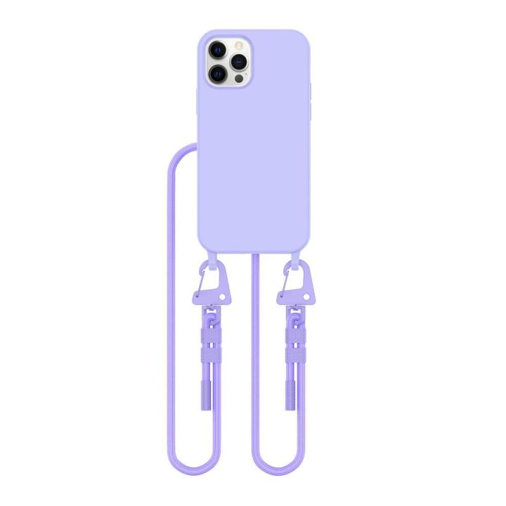Modne, lawendowe etui na iPhone 12 / 12 Pro z wytrzymałym sznurkiem do noszenia na szyi lub przez ramię. Gwarantuje wygodę i bezpieczeństwo.