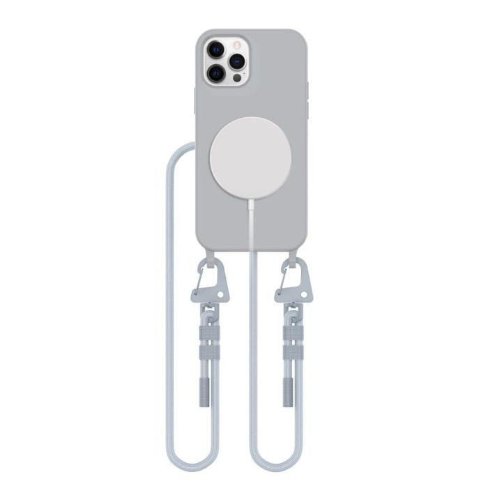 Wygodne, szare etui na iPhone 12 / 12 Pro z wytrzymałym sznurkiem do noszenia na szyi lub przez ramię. Wbudowany pierścień MagSafe zapewnia bezpieczne mocowanie akcesoriów. Idealne dla ceniących swobodę.