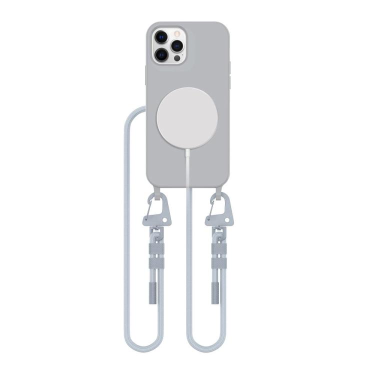 Wygodne, szare etui na iPhone 12 / 12 Pro z wytrzymałym sznurkiem do noszenia na szyi lub przez ramię. Wbudowany pierścień MagSafe zapewnia bezpieczne mocowanie akcesoriów. Idealne dla ceniących swobodę.