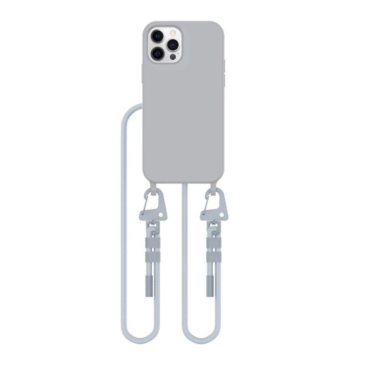 Szare etui z białym sznurkiem crossbody. Wbudowany pierścień magnetyczny MagSafe idealny do mocowania akcesoriów. Wygodny sznurek pozwala na noszenie iPhone 12 / 12 Pro, chroniąc go przed upadkami.