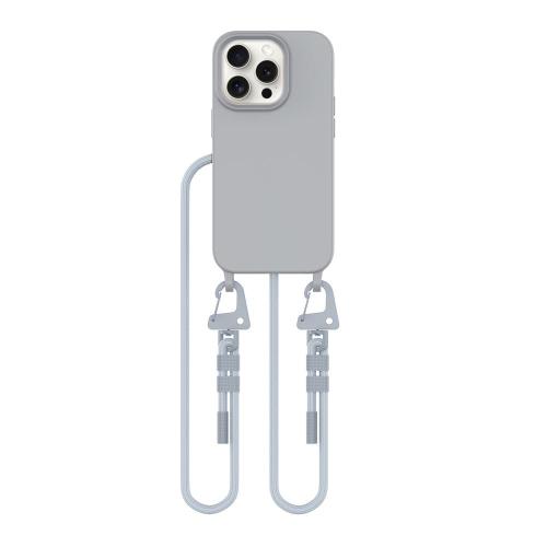 Szare etui z białym sznurkiem crossbody. Wbudowany pierścień magnetyczny MagSafe idealny do mocowania akcesoriów. Wygodny sznurek pozwala na noszenie iPhone 15 Pro, chroniąc go przed upadkami.