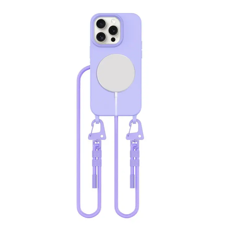 Wygodne, lawendowe etui na telefon iPhone 15 Pro  z wytrzymałym sznurkiem. Wbudowany uchwyt popsocket zapewnia pewny chwyt. Idealne dla ceniących swobodę.