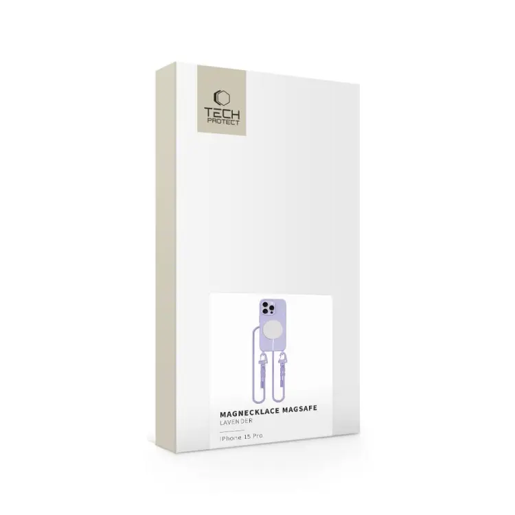 Eleganckie opakowanie na lawendowe etui do iphone 15 Pro ze sznurkiem. Idealne na prezent