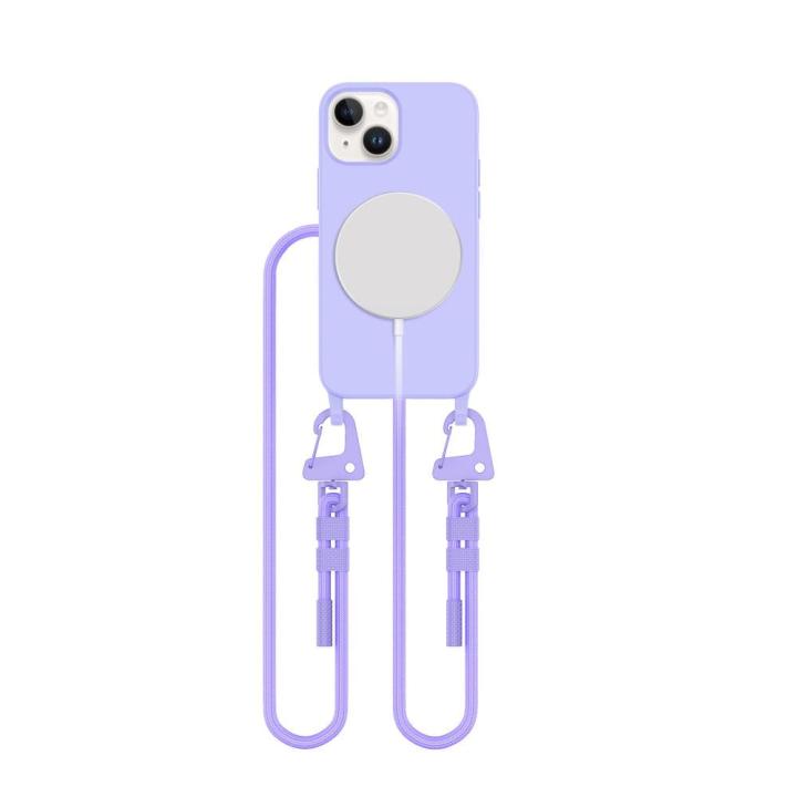 Wygodne, lawendowe etui na iPhone 13 Mini z wytrzymałym sznurkiem. Wbudowany uchwyt popsocket zapewnia pewny chwyt. Idealne dla ceniących swobodę.